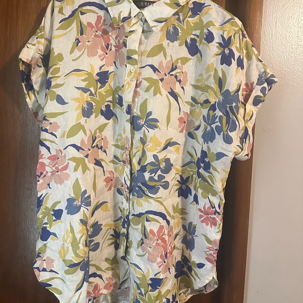 Ralph Lauren Boxy Blue and Pink Peter Pan Collar Top